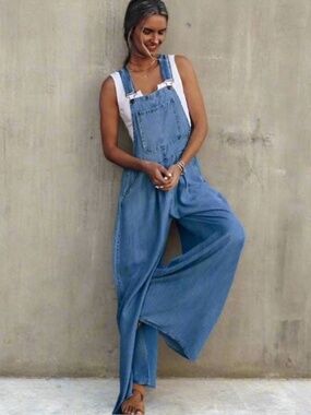 Flowy Chambray Pleated Wide Leg Oversized‎ Racerback Overalls/Jumpsuit